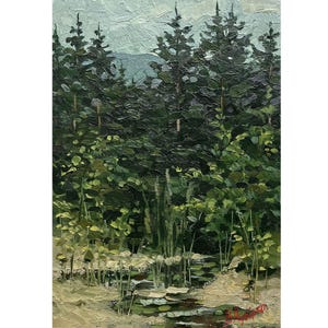 Original oil painting Forest lake landscape by Ukraine artist V.Chubirko, Summer, Evening, Christmas trees, Woodland scenery, Sunset, Nature