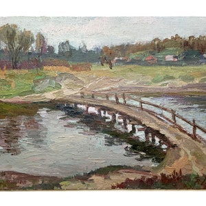 Vintage original oil painting by Ukraine artist V.Repka, Bridge, Riverbank, River landscape, Riverscape, Nature, Impressionist Wall art work