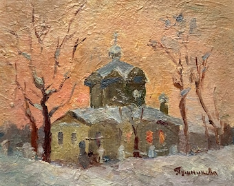 Vintage Impressionist Oil Original Painting Winter sunset landscape by Ukraine artist G.Pushnikova 1960s Evening landscape, Snow, Old temple