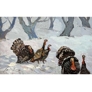 Impressionist original oil painting by Ukrainian artist O.Bednoshey, Wall art, Turkeys, Snow, Winter landscape, Trees, Landscape painting