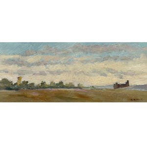 Pintura al óleo original antigua "Paisaje de prados de verano" del artista ucraniano K. Zaruba, década de 1960, Arte mural, Nubes, Paisaje de cielo, Pintura de paisaje celeste