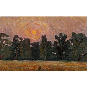 Vintage original oil painting Sunset landscape by Ukraine artist by I.Hapochenko, 1978, Evening landscape, Trees, Forest, Woodland painting
