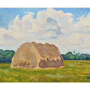 Pintura al óleo original vintage "Paisaje de prados de verano" de V.V. Kolesnik, 1975, arte ucraniano, pajar, vista campestre, decoración rústica para el hogar.