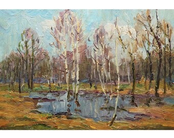 peinture à l'huile originale vintage paysage de printemps par un artiste ukrainien M.Borymchuk, 1981, arbres, paysages boisés, oeuvre d'art murale impressionniste