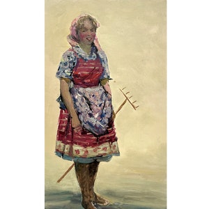 Vintage original oil painting Portrait of a girl by Ukraine artist V.Korobov, 1960s, Portrait painting, Portrait of a woman, Female portrait