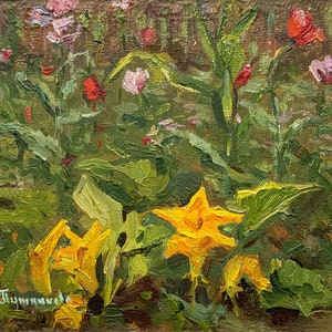 Pintura al óleo original vintage "Paisaje de jardín de verano" de la artista ucraniana G. Pushnikova, década de 1960, Naturaleza, Pintura de flores, Arte mural floral