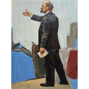 Pintura al óleo original vintage "Retrato de Lenin" del artista ucraniano O. Solodovnikov, arte mural soviético, retrato masculino, figura masculina, realismo socialista.