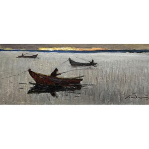 Original oil painting Sunset river landscape by Ukraine artist O.Bednoshey, Fisherman in a boat with a fishing rod, Fishing, Evening, Nature
