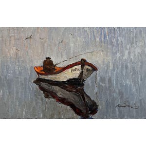 Pintura al óleo original Paisaje de río al atardecer del artista ucraniano O. Bednoshey, Pescador en un bote con una caña de pescar, Pesca, Tarde, Pájaros