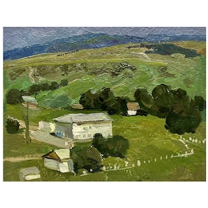 Vintage original oil painting Rural landscape by Ukrainian artist T.Danilenko, 1970s, Wall art, Village in the mountains, Farmhouses, Trees