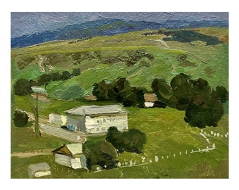 Vintage original oil painting Rural landscape by Ukrainian artist T.Danilenko, 1970s, Wall art, Village in the mountains, Farmhouses, Trees