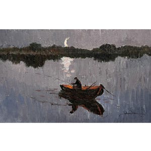 Original oil painting Sunset river landscape by Ukraine artist O.Bednoshey, Fisherman in a boat with a fishing rod, Fishing, Evening, Nature