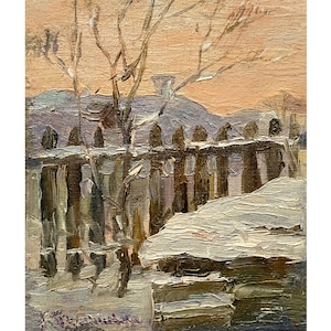 Pintura al óleo original antigua Paisaje rural de la artista ucraniana G. Pushnikova Atardecer de invierno de los años 60, Pueblo nevado, Vista del campo, Arte de granja