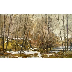 Vintage original oil painting Spring landscape by Ukrainian artist O.Nazarenko, Painted from nature, April, Forest landscape, Trees painting