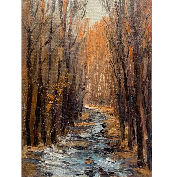 Vintage original oil landscape Autumn forest painting by Ukrainian artist B.Rybets 1970s, Nature, Trees, Woodland scenery, Impressionist art