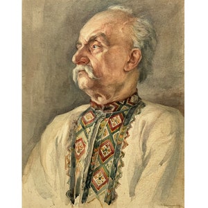 MID CENTURY PORTRAIT Antique original watercolor by Ukrainian artist G.Pushnikova, 1949, Portrait of an old man, Male portrait, Wall art