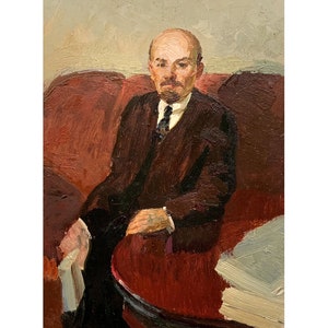 Pintura al óleo original vintage "Retrato de Lenin" del artista ucraniano O. Solodovnikov, arte mural soviético, retrato masculino, figura masculina, realismo socialista.