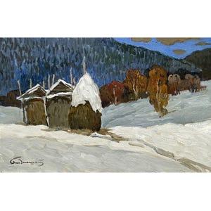 May include: An oil painting depicting a winter landscape with snow-covered haystacks and wooden structures. The background features a dark blue forest and a blue sky with clouds. The foreground is white snow with a signature in the bottom left corner.