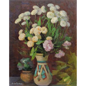 FLORES NATUREZA MORTA Pintura a óleo original vintage do artista ucraniano V. Kondratyuk, década de 1970, Pintura de natureza morta, Arte floral, Flores em um vaso