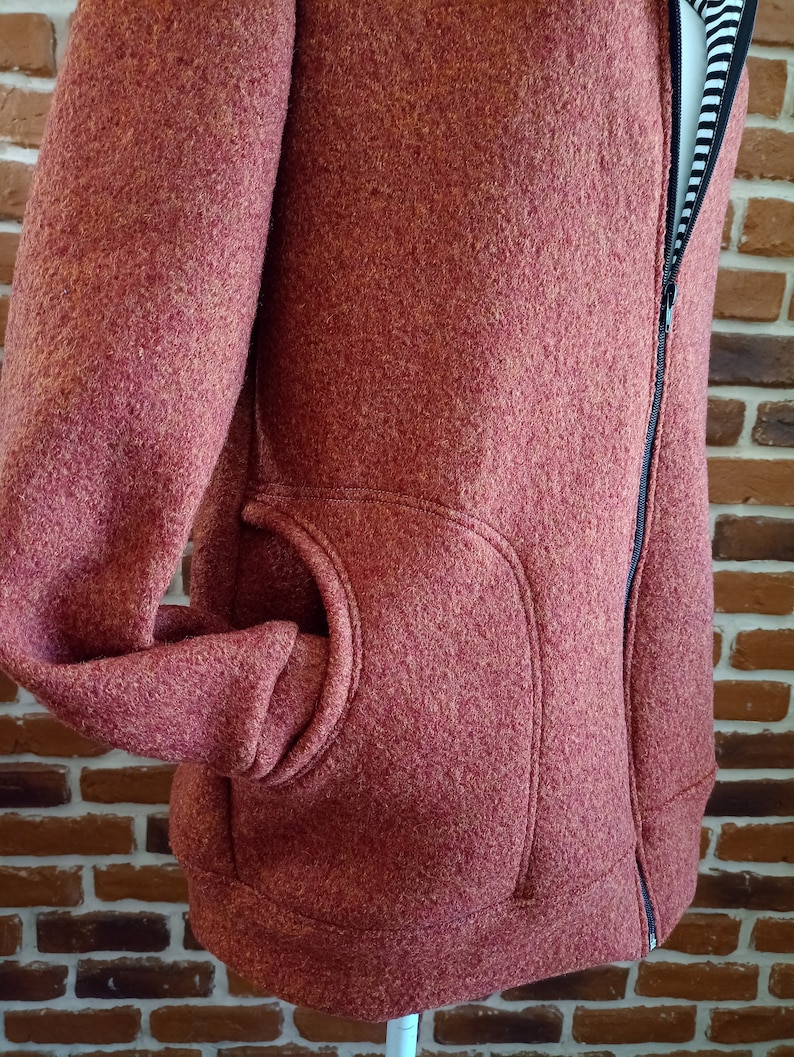 Walkjacke für Damen schniesel.Braun gestreift pink Walkjacke mit Zipfelkapuze oder rund Gr. 34-46 Wollwalk Jacke rostbraun Bild 4