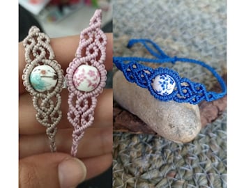 Macrame bracelet friendship bracelet bracelet "schniesel.Blue white blue flowers pearl bracelet" blue beige pink