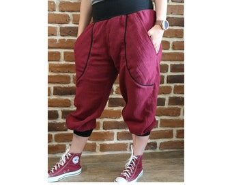 Schniesel Musselin Pump Pants for Women "Wine Red Black Musslin Pumppants" Muslin pants in wine red with black jersey Size 34-46 Women's Pump Pants