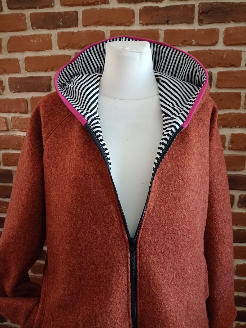 Walkjacke für Damen schniesel.Braun gestreift pink Walkjacke mit Zipfelkapuze oder rund Gr. 34-46 Wollwalk Jacke rostbraun Bild 3