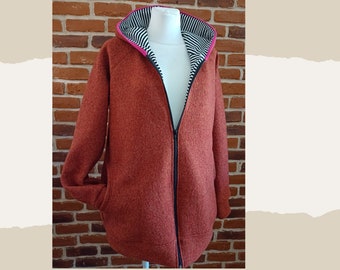 Whale jacket for women "schniffel. Brown striped pink fulled jacket" with pointed hood or round size 34-46 wool walk jacket rust brown