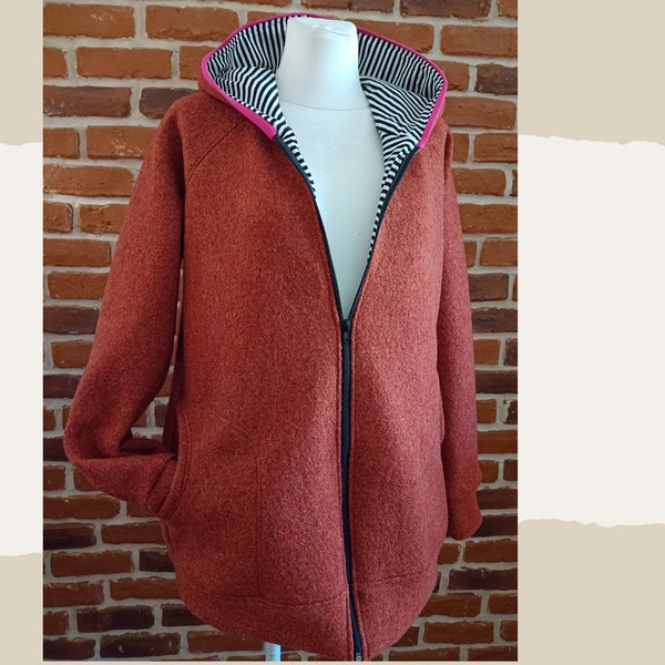 Whale jacket for women "schniffel. Brown striped pink fulled jacket" with pointed hood or round size 34-46 wool walk jacket rust brown