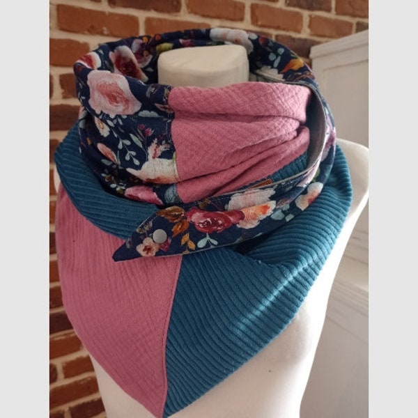 Ladies & Children Triangular Cloth Snippet "sniffle. Blue flower broad cord blue old pink cloth" scarf, cloth, triangular cloth, schniesel-kids breitcord