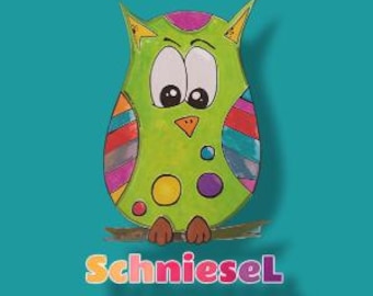 May include: A green owl with colorful stripes and polka dots, sitting on a branch. The owl has large eyes and a surprised expression. The word "Schniesel" is written in white letters on a black background below the owl.