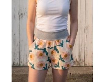 Schniesel Shorts Muslin Shorts "Schniesel. Pink Retro Flower Grey Muslin Shorts" Sizes 34-46 Short Muslin Trousers