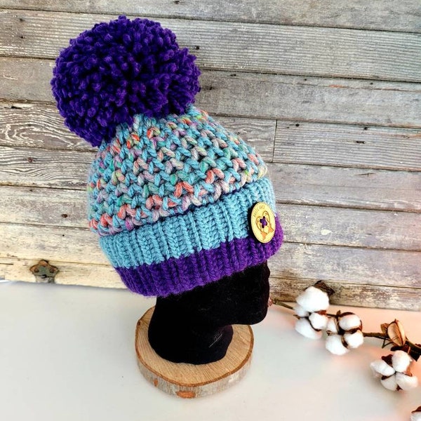 Tuque Violette-Bonnet Rustic Anick Tricotée à La Main  pour adulte- Chunky -Chapeau d'hiver- Fabriqué au Québec