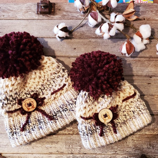 Burgundy Mother-Daughter Tuque Duo -Hand-Knit Rustic Anick Hat - Chunky -Winter Hat- Made in Quebec