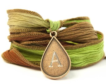 Monogram Teardrop Jewelry, Silk Wrap Bracelet, Eco-friendly, Boho Chic, Wrap Bracelet, Yoga Jewelry, Custom Initial Jewelry - oftd