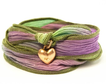 Heart Bracelet, Silk Wrap Jewelry, Gift for Teen, Inspirational Bracelet, Ombre Ribbon, Valentines Day Jewelry - shco