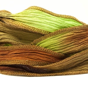 Marsh Coffee Handmade Silk Ribbon - Chocolate Brown, Light Brown and Moss Green with Dark Brown Edges - 762