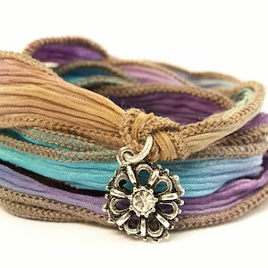 Crystal Wildflower Jewelry Wrap Bracelet, Silk Wrap Bracelet, Eco-friendly, Boho, Tie Dye, Wrap Bracelet, Yoga Jewelry, Ombre Ribbon - fccc