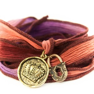 Crown and Lock Jewelry, Silk Wrap Bracelet, Eclectic Jewelry, Inspirational Bracelet, Bohemian Jewelry, Wax Seal Jewelry - csrc/csp