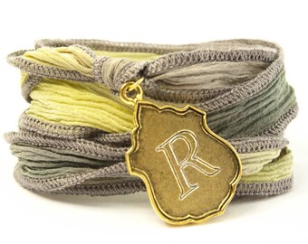 Monogram Crest Jewelry, Silk Wrap Bracelet, Eco-friendly, Boho Chic, Wrap Bracelet, Yoga Jewelry, Custom Initial Jewelry - ofte