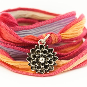 Wildflower Jewelry, Silk Wrap Bracelet, Eco-friendly, Boho Chic, Tie Dye, Wrap Bracelet, Yoga Jewelry, Ombre Ribbon - mfcc