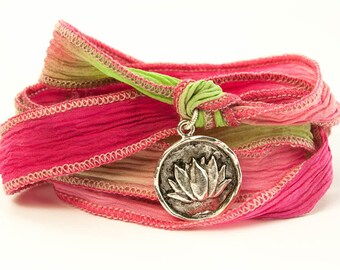 Lotus Jewelry, Silk Wrap Bracelet, Eco-friendly, Boho Chic, Tie Dye, Wrap Bracelet, Yoga Jewelry, Ombre Ribbon, Wax Seal Jewelry - csrl