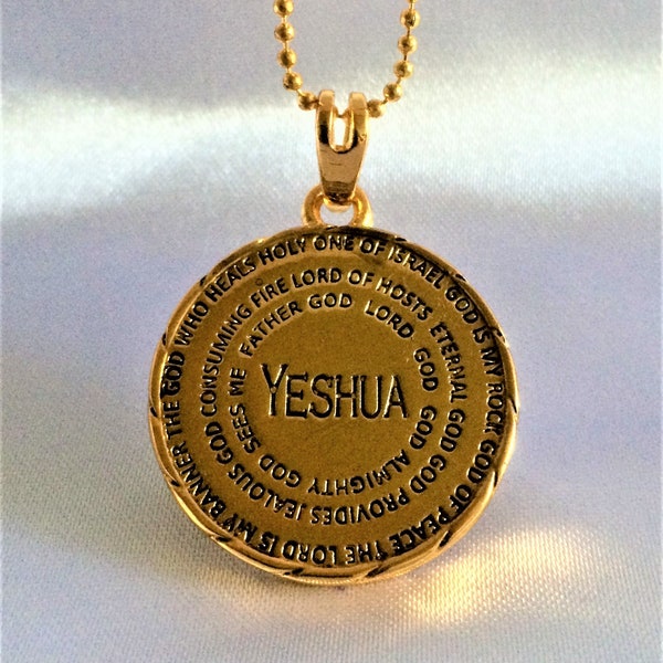 Gold Plated Yeshua Medallion Names of God Pendant Necklace - Hebrew one side, English other side