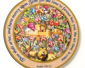 Laser Cut Hand Painted Wood Art - Lion of Judah, Holy Temple Floral Design Psalm 102:13