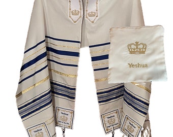 Combo ROYAL BLUE Messianic Tallit Prayer Shawl King of Kings & Lord of Lords and Matching Yeshua Cloth Zipper bag