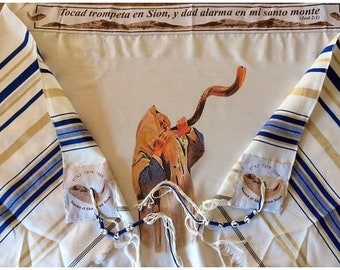 Shofar Tallit Prayer Shawl - Blow the Shofar in Zion 24" x 72"