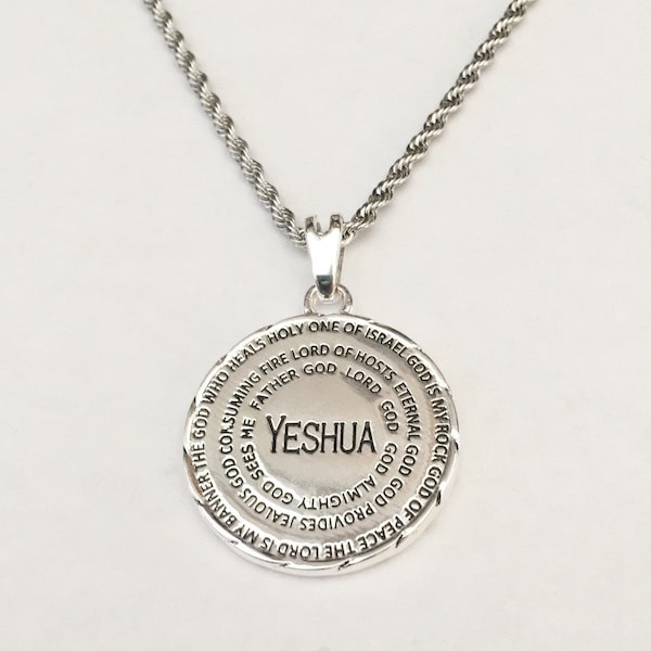 Silver Plated Yeshua Medallion Names of God Pendant Necklace - Hebrew one side, English other side