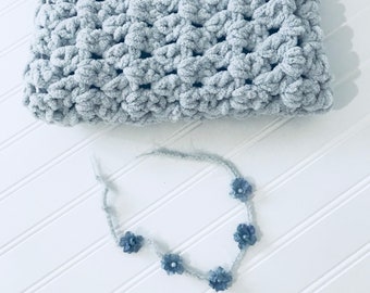 Manta de punto azul pálido, manta de la prop de la foto, diadema de la flor, fotografía del recién nacido, bebé recién nacido niña