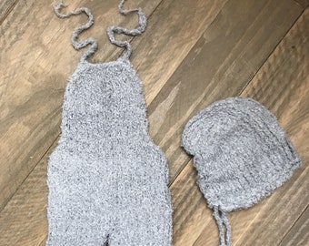 Gris recién nacido Romper, unisex traje de recién nacido, traje de punto recién nacido, recién nacido foto Prop, bebé jumper, traje de bebé, bebé sombrero