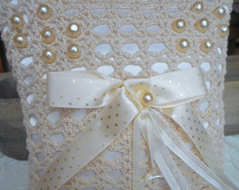 Almohada portadora de anillo de ganchillo almohada anillo Crochet Marfil Satin